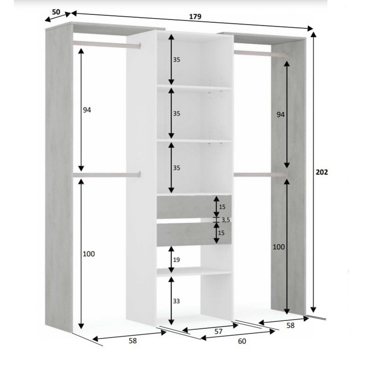 Guardaroba Miramar, Struttura per cabina armadio, Armadio aperto senza ante, Cabina armadio, cm 179x50h202, Bianco e Cemento