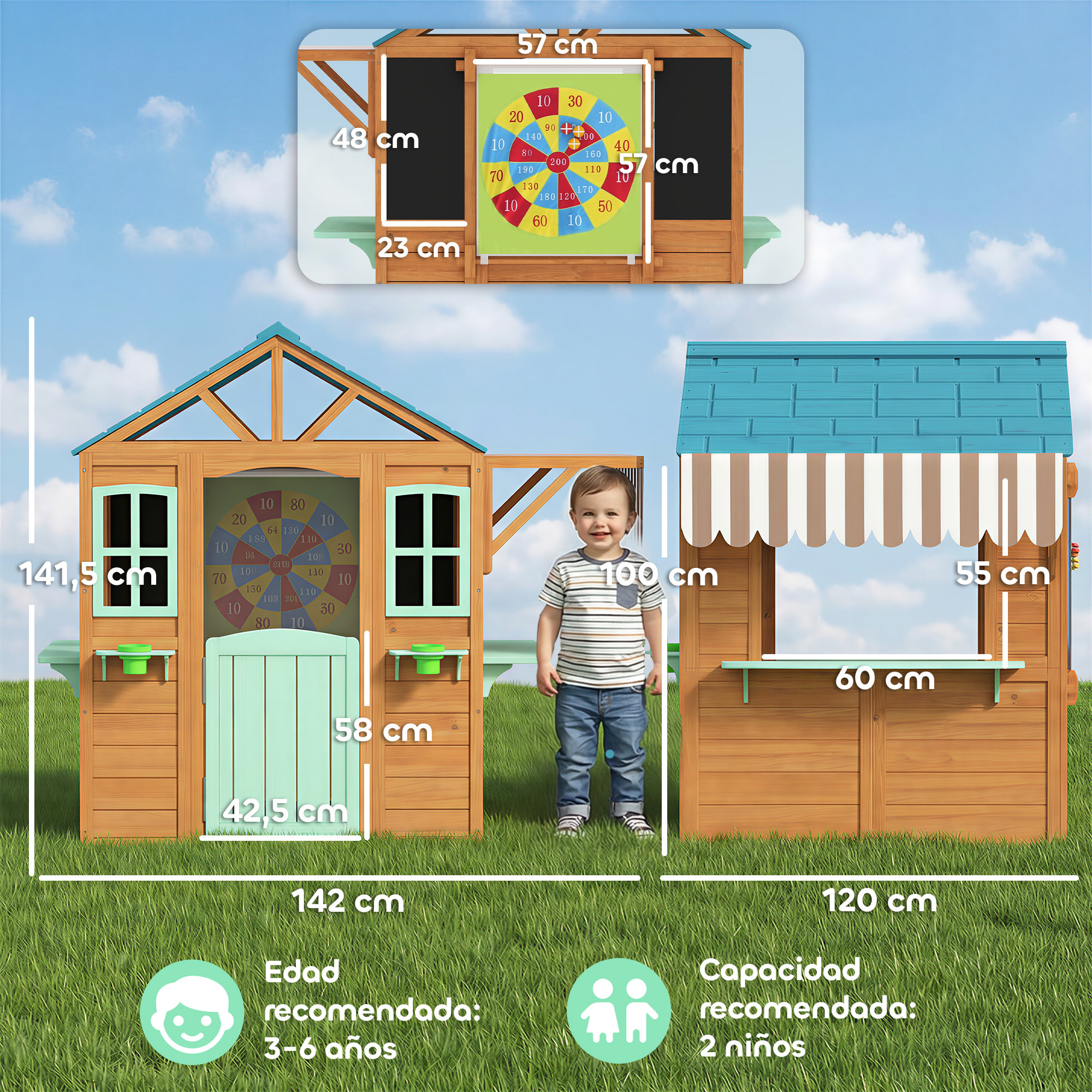Casita Infantil Exterior e Interior de Madera, Casita Infantil con Barra de Snack, Maceteros, Pizarra, Ventanas, Tela para Tiro y 4 Pelotas, Casa de Jardín para Niños de 3-6 Años, Multicolor