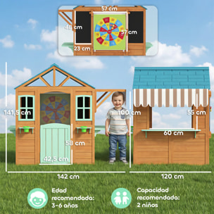 Casita Infantil Exterior e Interior de Madera, Casita Infantil con Barra de Snack, Maceteros, Pizarra, Ventanas, Tela para Tiro y 4 Pelotas, Casa de Jardín para Niños de 3-6 Años, Multicolor