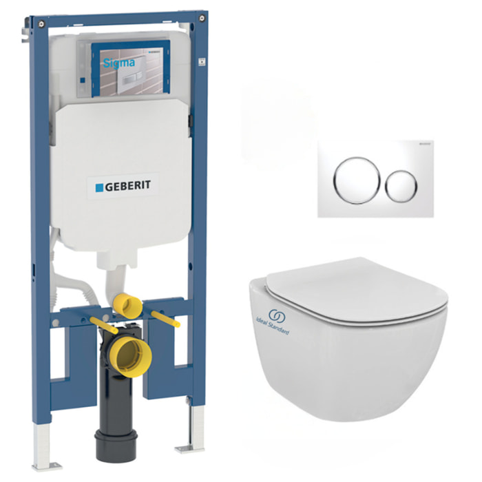 Pack WC Bati-support Geberit extra-plat UP720 + WC Ideal Standard Tesi Aquablade + Abattant softclose + Plaque Blanc/Chrome