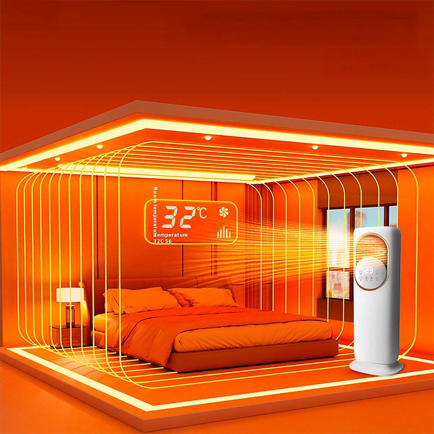 Climatizador multifunción sin aspas, con calefacción y refrigeración. Con tanque de agua de 3L, pantalla táctil y mando de control remoto.