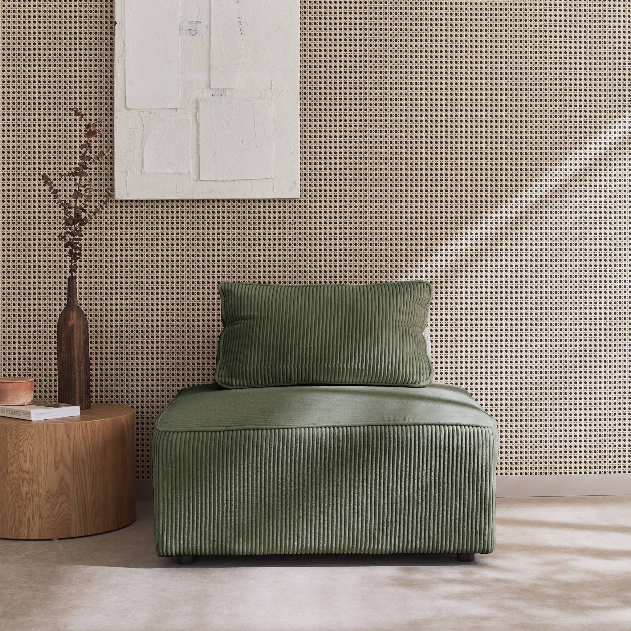Chauffeuse  pour canapé modulable velours côtelé vert avec un coussin