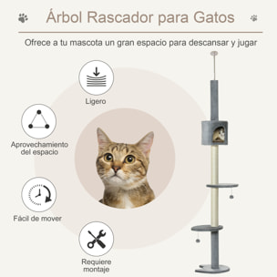 Árbol Rascador para Gatos Altura Ajustable 220-280cm Cueva Bola Colgante Gris