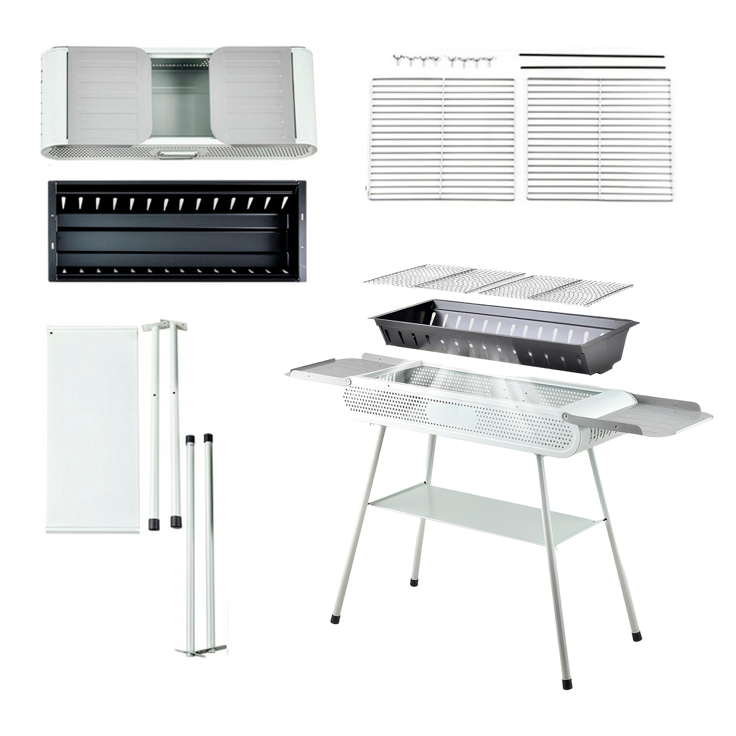 Barbacoa portátil de carbón K-701 con diseño plegable, asa de transporte, ventilación optimizada y amplias bandejas de almacenamiento integradas.