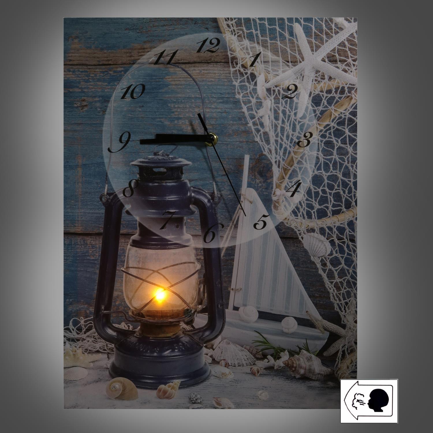 Orologio quadro mare con led in legno con lanterna cm30x40x2,2