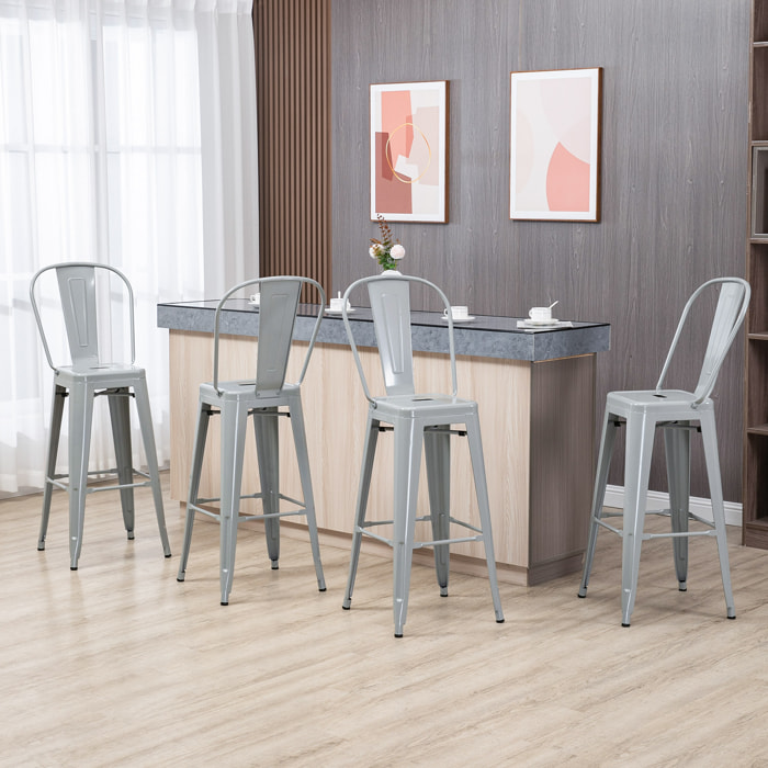 Juego de 4 Taburetes de Bar con Respaldo Alto Silla de Comedor de Acero con Reposapiés para Comedor Carga 120 kg 44x53x116 cm Gris Plata