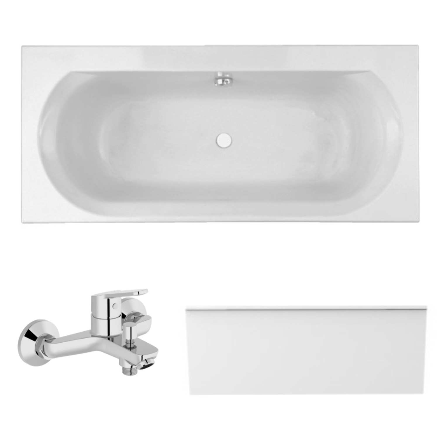 Pack baignoire droite 170 x 75 Elise + tablier en niche + mitigeur bain douche mural Aimé chromé + vidage