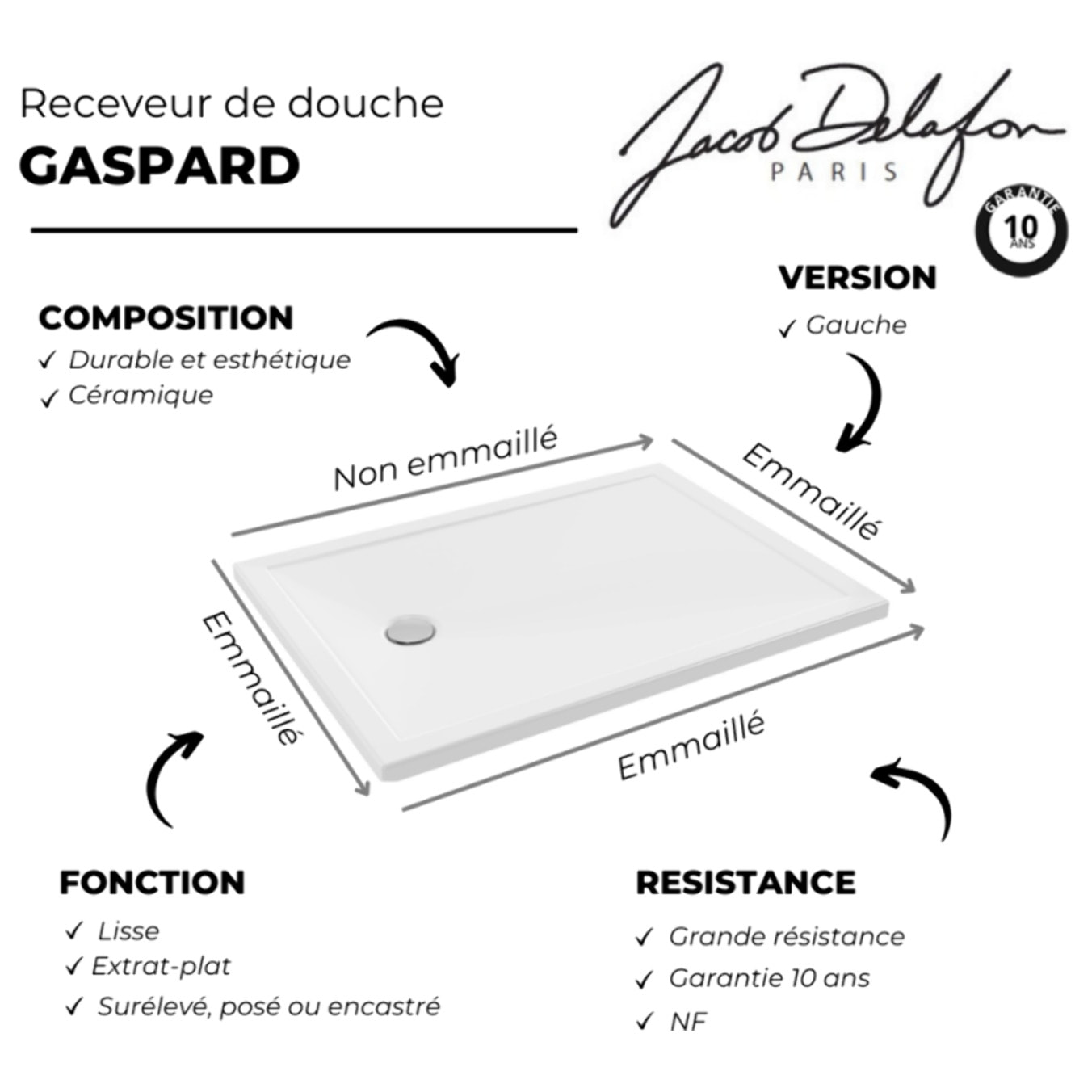 Receveur de douche 120 x 90 Gaspard extra-plat céramique bonde à gauche