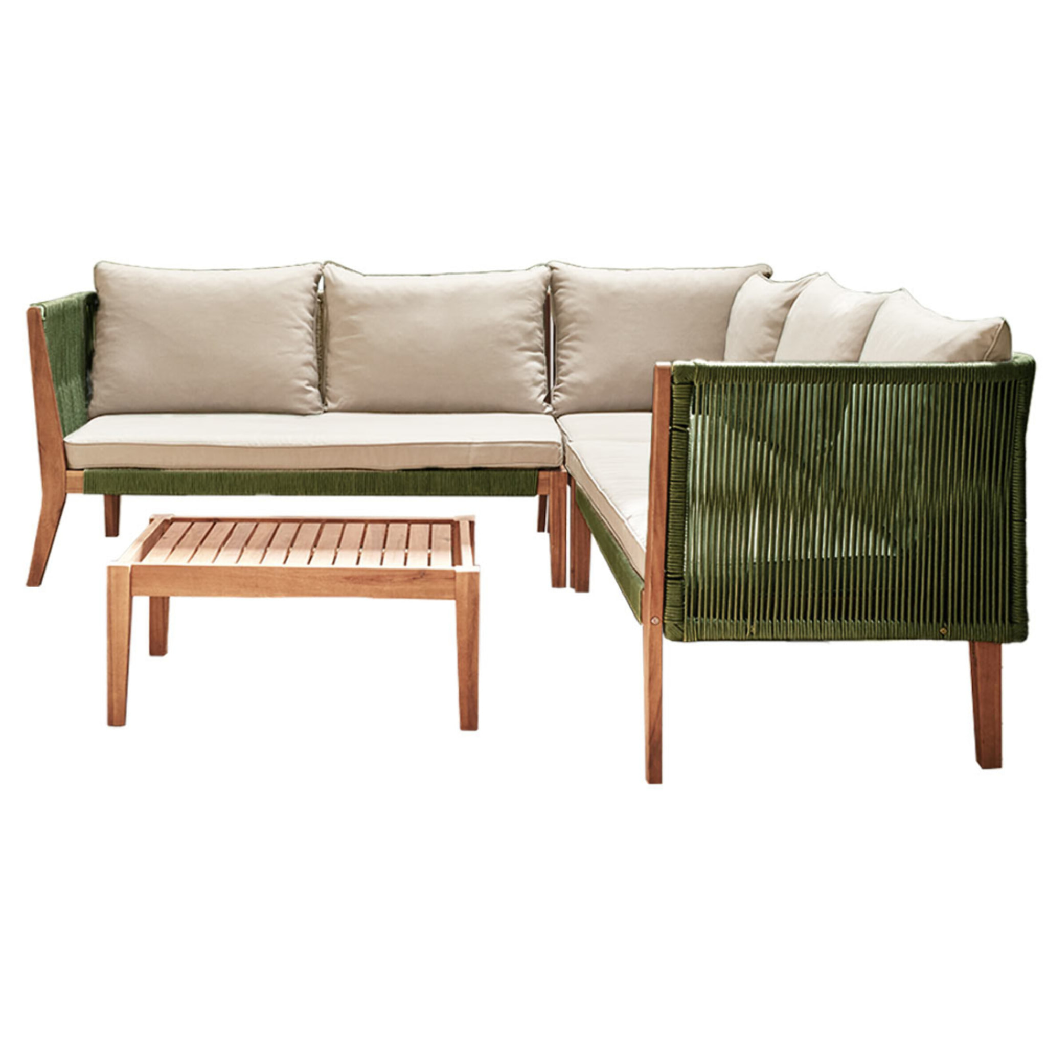 Papua - salon de jardin en bois et corde kaki - 5 places - coussins beige - Bois / Beige