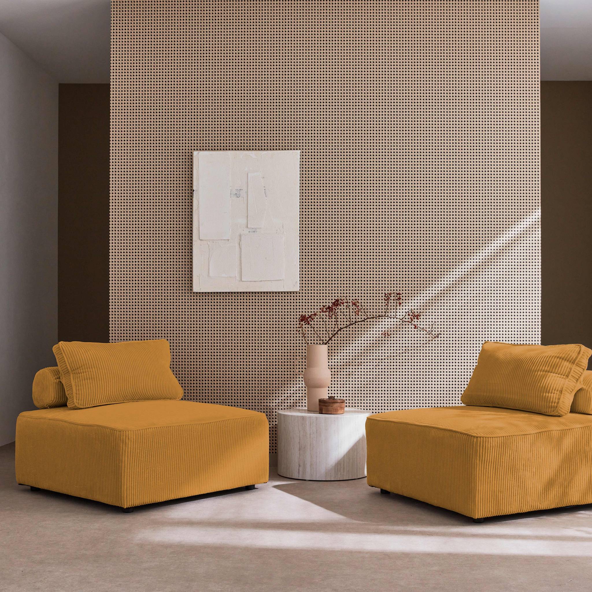Lot de 2 chauffeuses  pour canapé modulable velours côtelé jaune avec un coussin