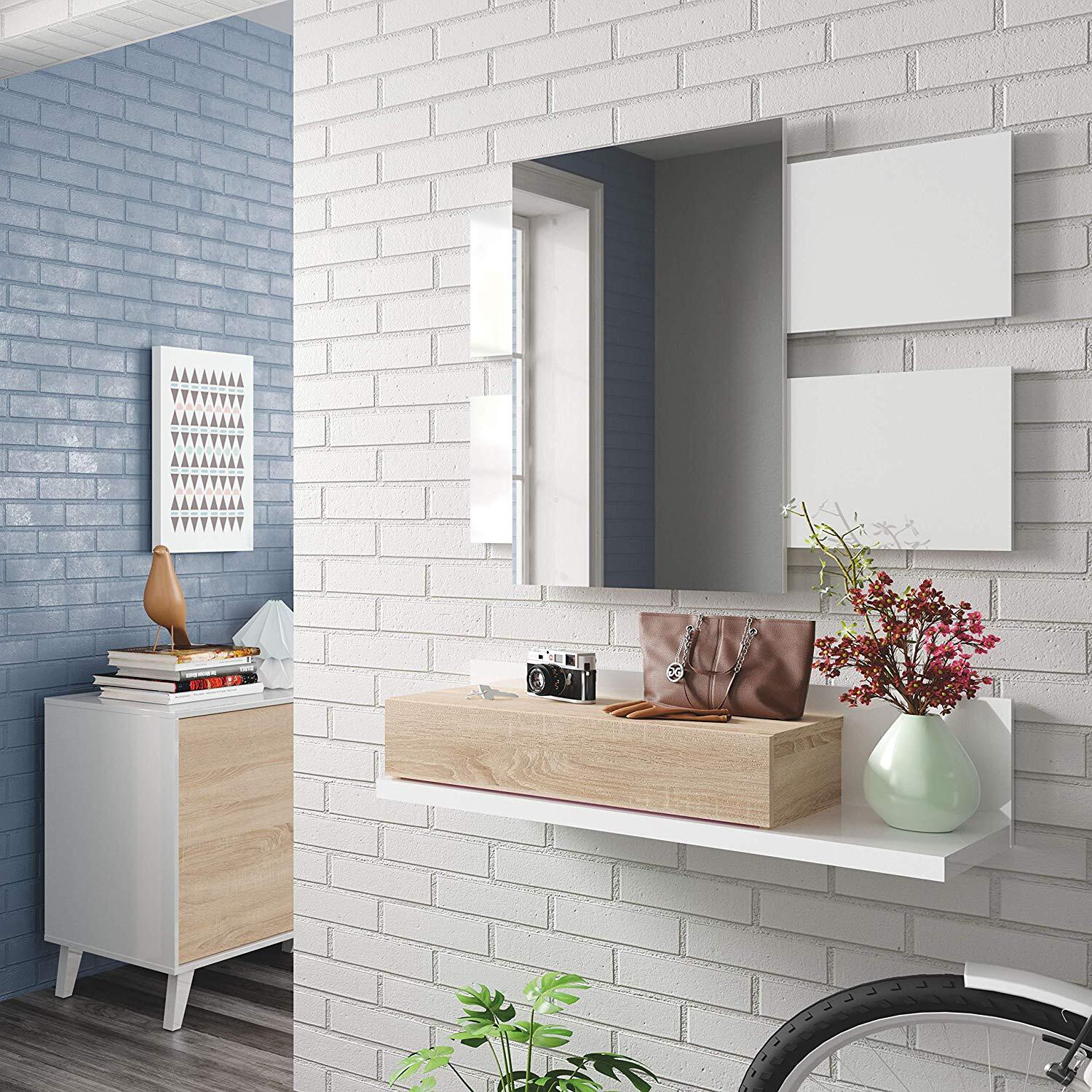 Mobiletto Per Ingresso Con Cassetto Specchio Sospeso Mobile Di Design Moderno Con Vano Porta Accessori Corridoio Soggiorno 75x116x29 Cm Rovere Bianco