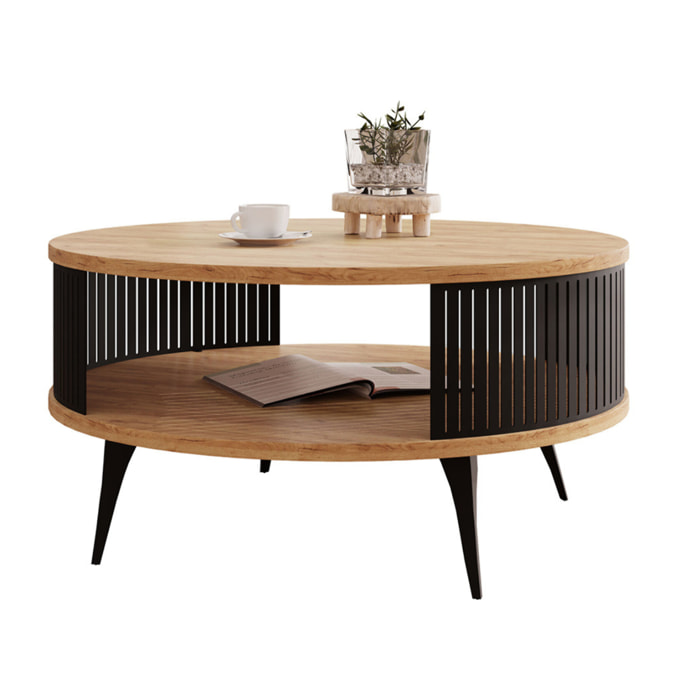 Forini - table basse ronde - aspect chêne naturel et noir - 1 niche - 75 cm - Noir / Bois