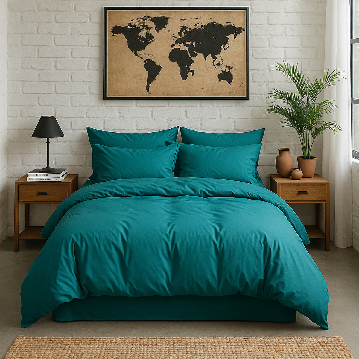 Paire de Taies D'oreiller Avec Volant 100% Percale De Coton Lavé Bleu Canard