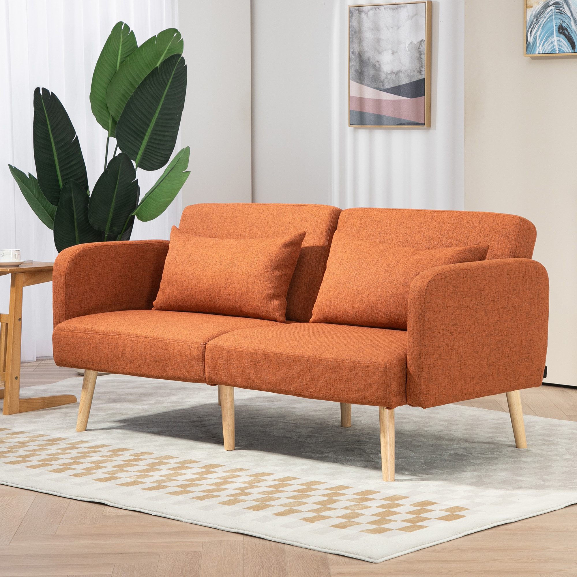 Canapé convertible 3 places design scandinave - dossier inclinable, accoudoirs réglables - 2 coussins déco - tissu ocre havane