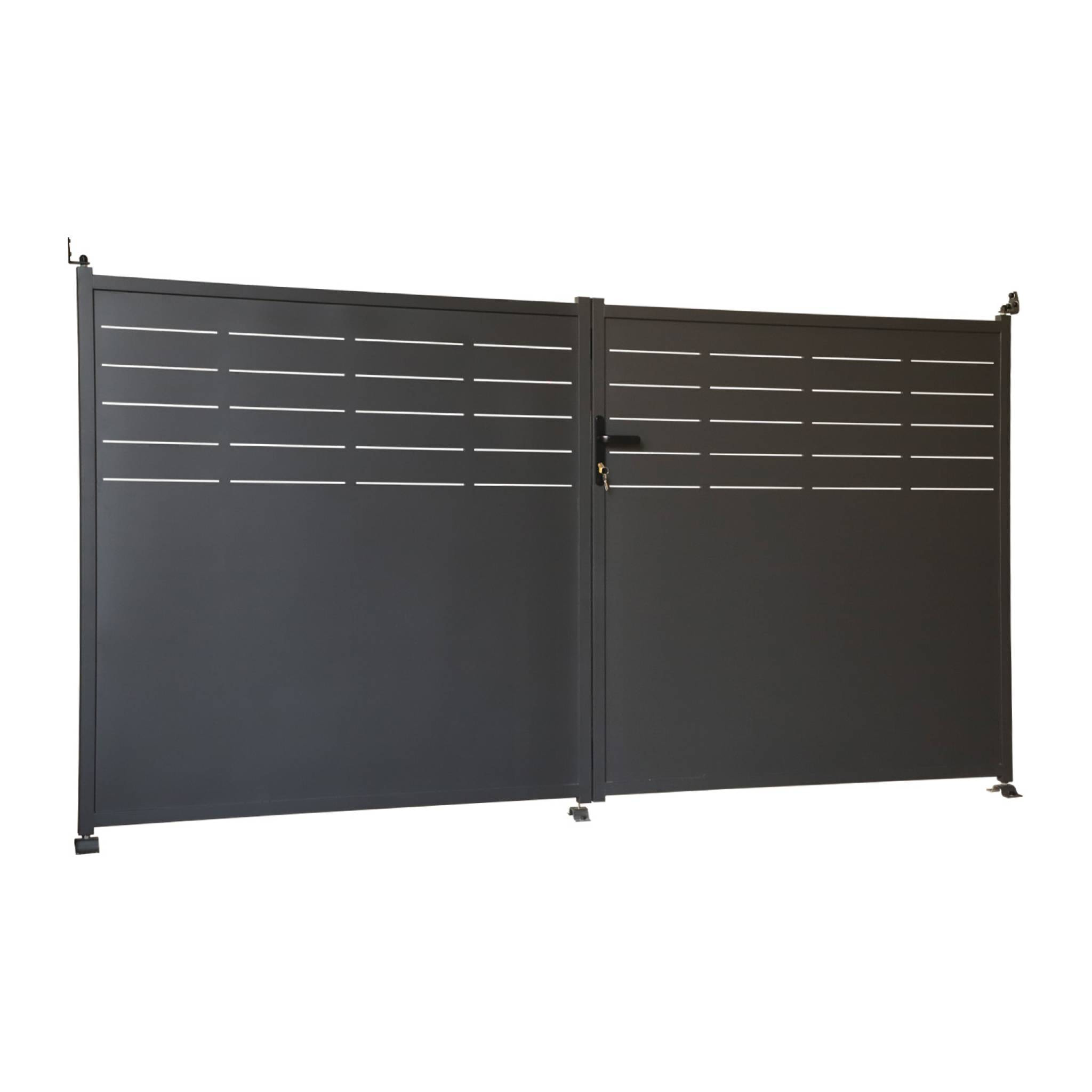 Portail de jardin acier galvanisé anthracite 2 portes avec serrure et poignée. fixation mur et sol - Axis