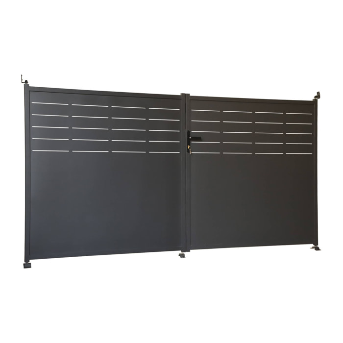 Portail de jardin acier galvanisé anthracite 2 portes avec serrure et poignée. fixation mur et sol - Axis