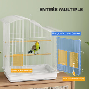 Cage à oiseau 4 portes 2 perchoirs 2 mangeoires plateau coulissant poignée blanc