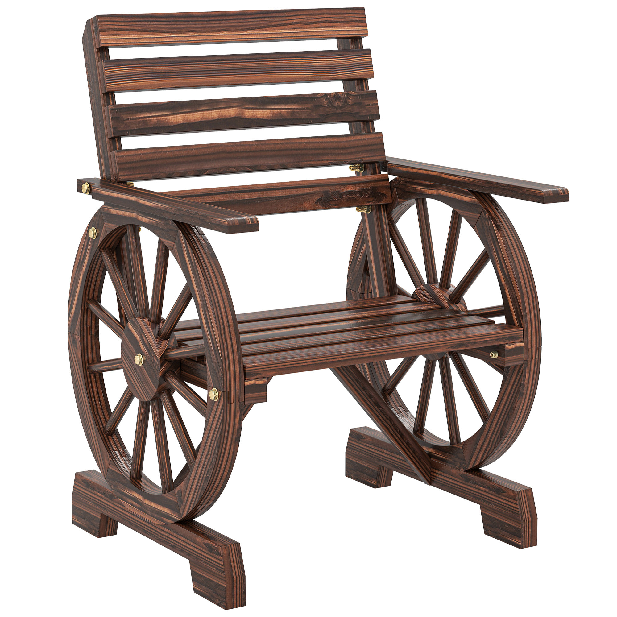 Silla de Jardín de Madera de 2 Plazas, Silla Asiento con Brazos de Rueda de Vagón, Respaldo Inclinado, Estilo Rústico, Carga 120 kg, para Patio, Terraza, Parque, 66x55x90 cm, Carbonizado