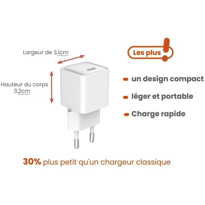 Chargeur ESSENTIELB 30W charge rapide + GaN USB-C Blanc
