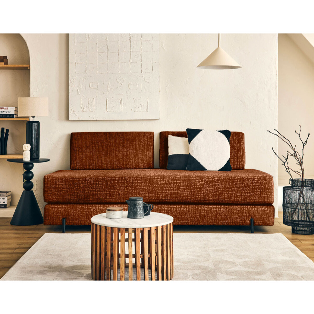Brescia - banquette 3 places convertible en tissu velours relief - Terracotta