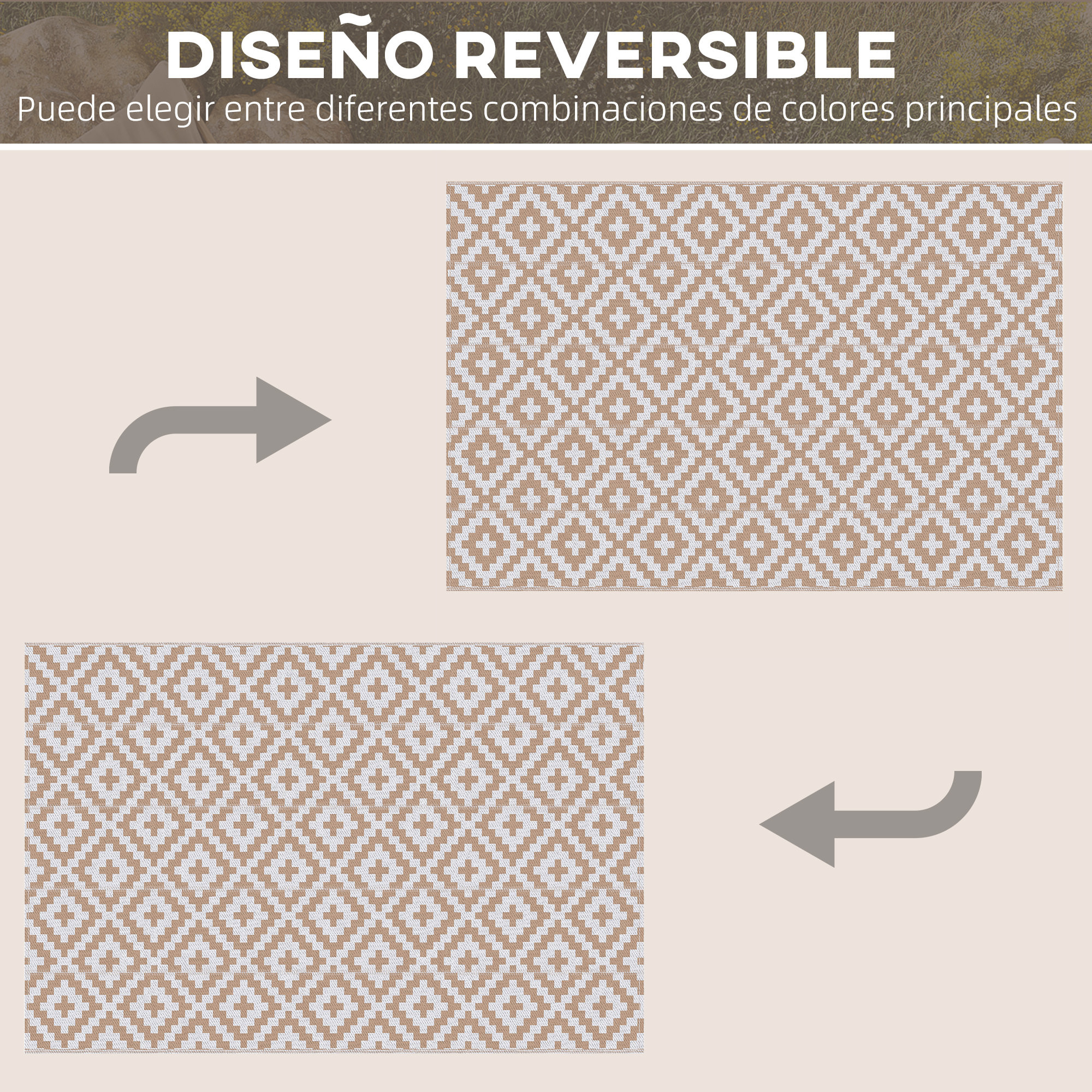 Alfombra de Exterior 182x274 cm Alfombra Reversible con Patrón Geométrico de Rombos Impermeable para Terraza Balcón Patio Camping Playa Blanco y Café