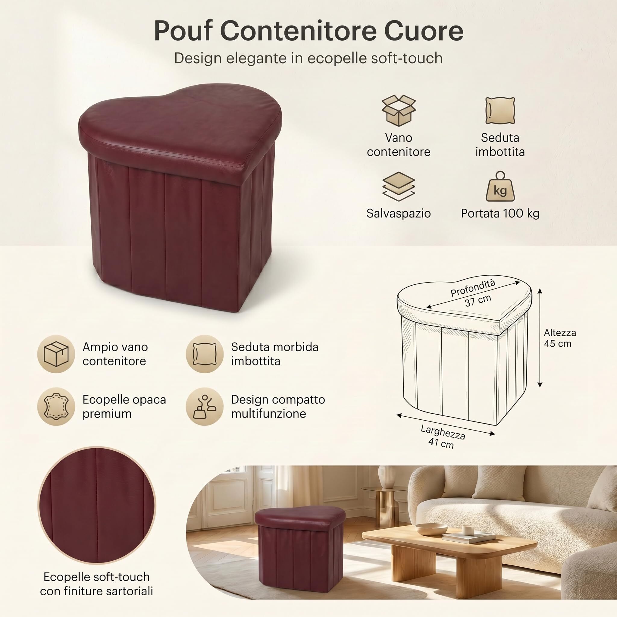 Pouf a forma di cuore in ecopelle