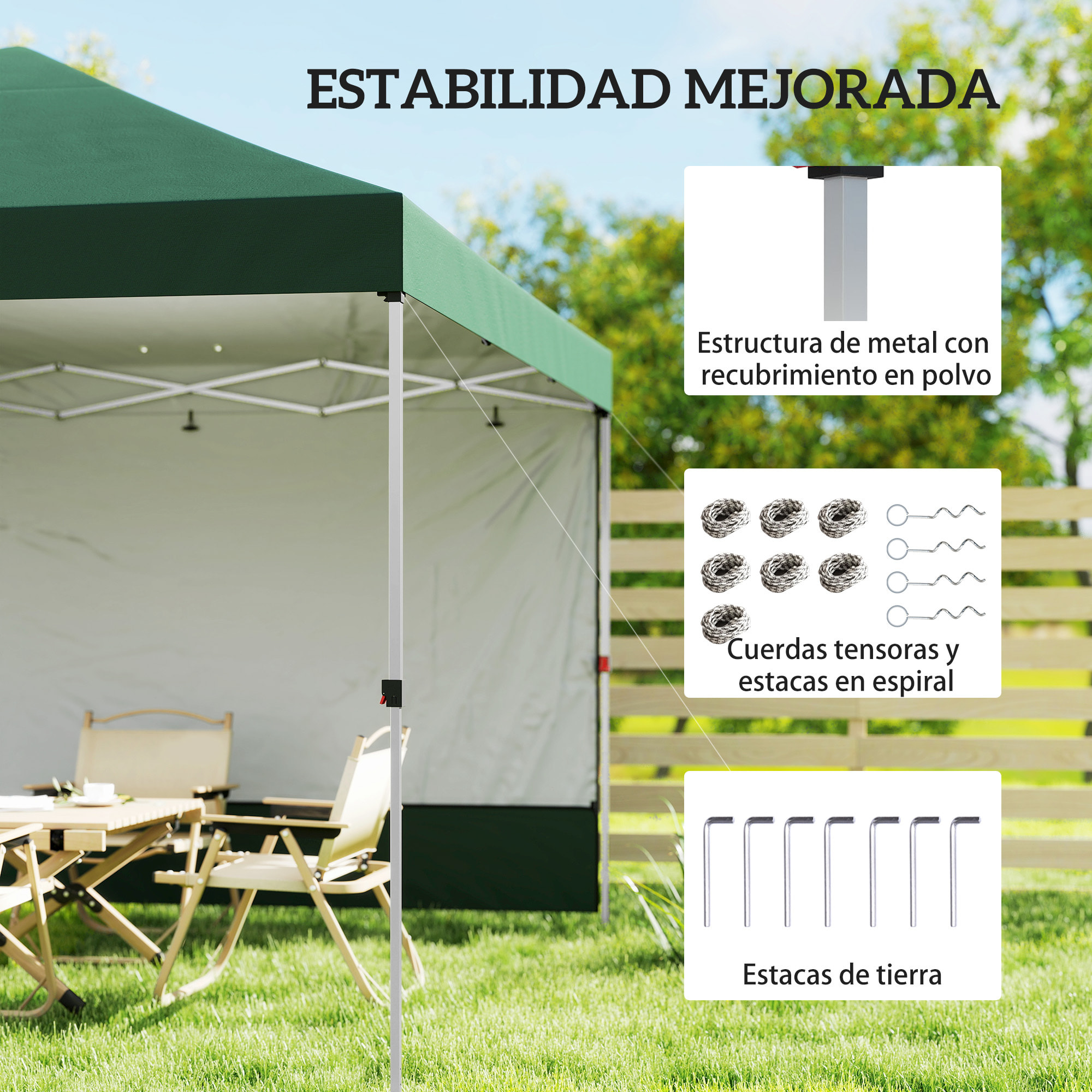 Carpa Plegable 3x3 m, Pop-up, con Pared Lateral, Cenador de Jardín con Protección UPF50+, Empuje Central, Altura Ajustable, Bolsa de Transporte, Gazebo para Camping, Exterior, Verde
