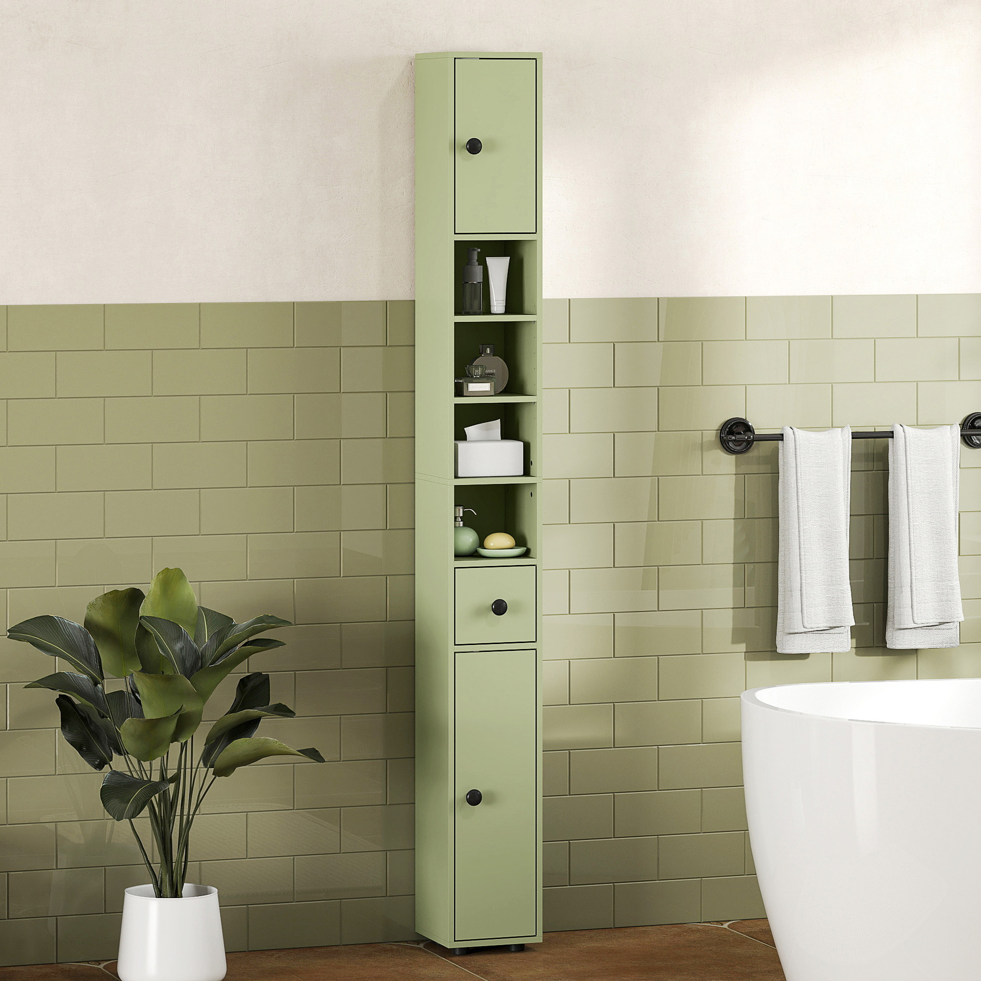 Meuble colonne salle de bain 2 portes 2 étagères 4 niches tiroir poignées métal noir vert
