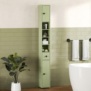 Meuble colonne salle de bain 2 portes 2 étagères 4 niches tiroir poignées métal noir vert