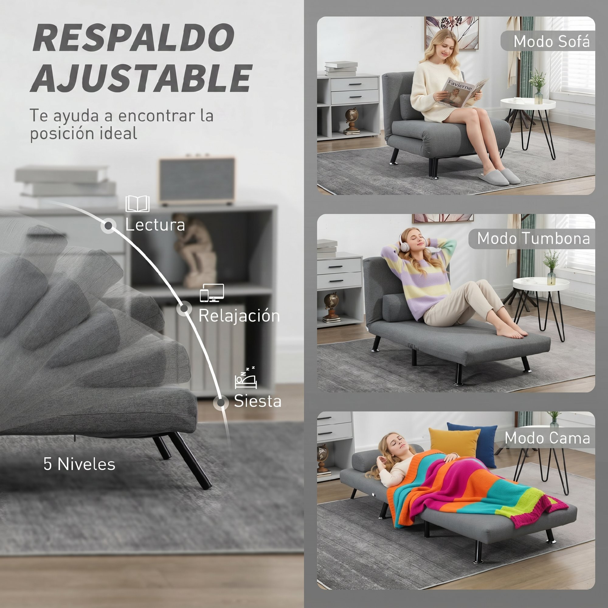 Sofá Cama de 1 Plaza 3 en 1 Sofá Cama Plegable Tapizado en Lino con Respaldo Ajustable de 5 Niveles y Almohada Acolchada para Oficina Dormitorio Salón 75x70x75 cm Gris Oscuro