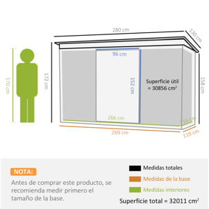 Cobertizo de Jardín 280x130x172 cm Base de 3,1 m² con 2 Puertas Correderas Gris