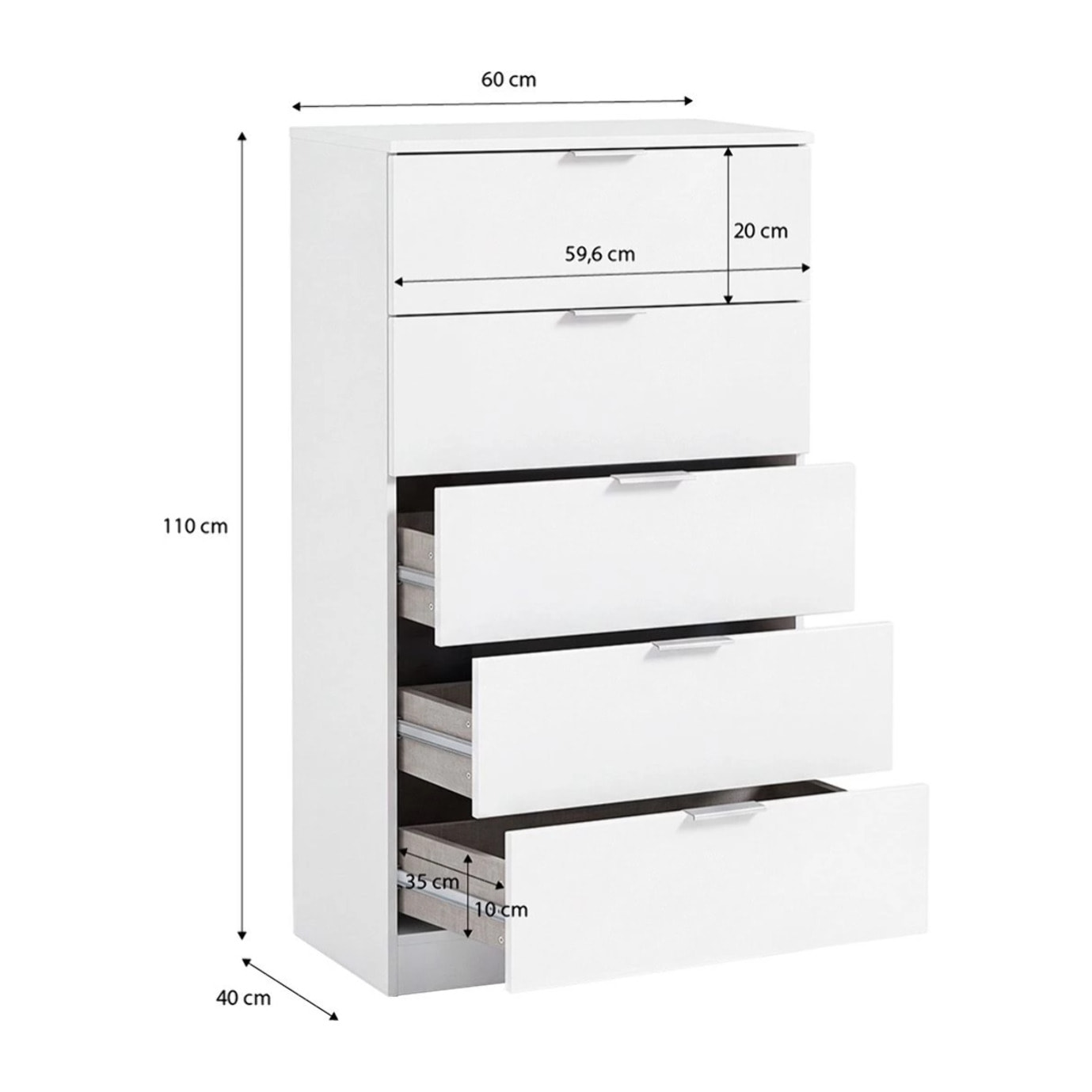 Cómoda alta de 5 cajones en blanco artik 60x110 cm Akari Blanco Artik (Blanco Mate)