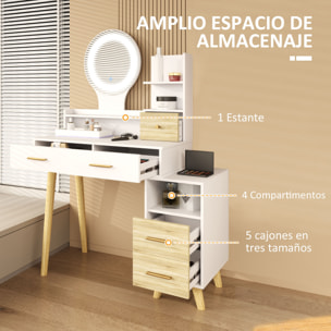 Tocador de Maquillaje con Espejo y Luces LED Mesa de Maquillaje con Iluminación Ajustable 5 Cajones y 4 Compartimentos Tocador para Dormitorio Salón Blanco