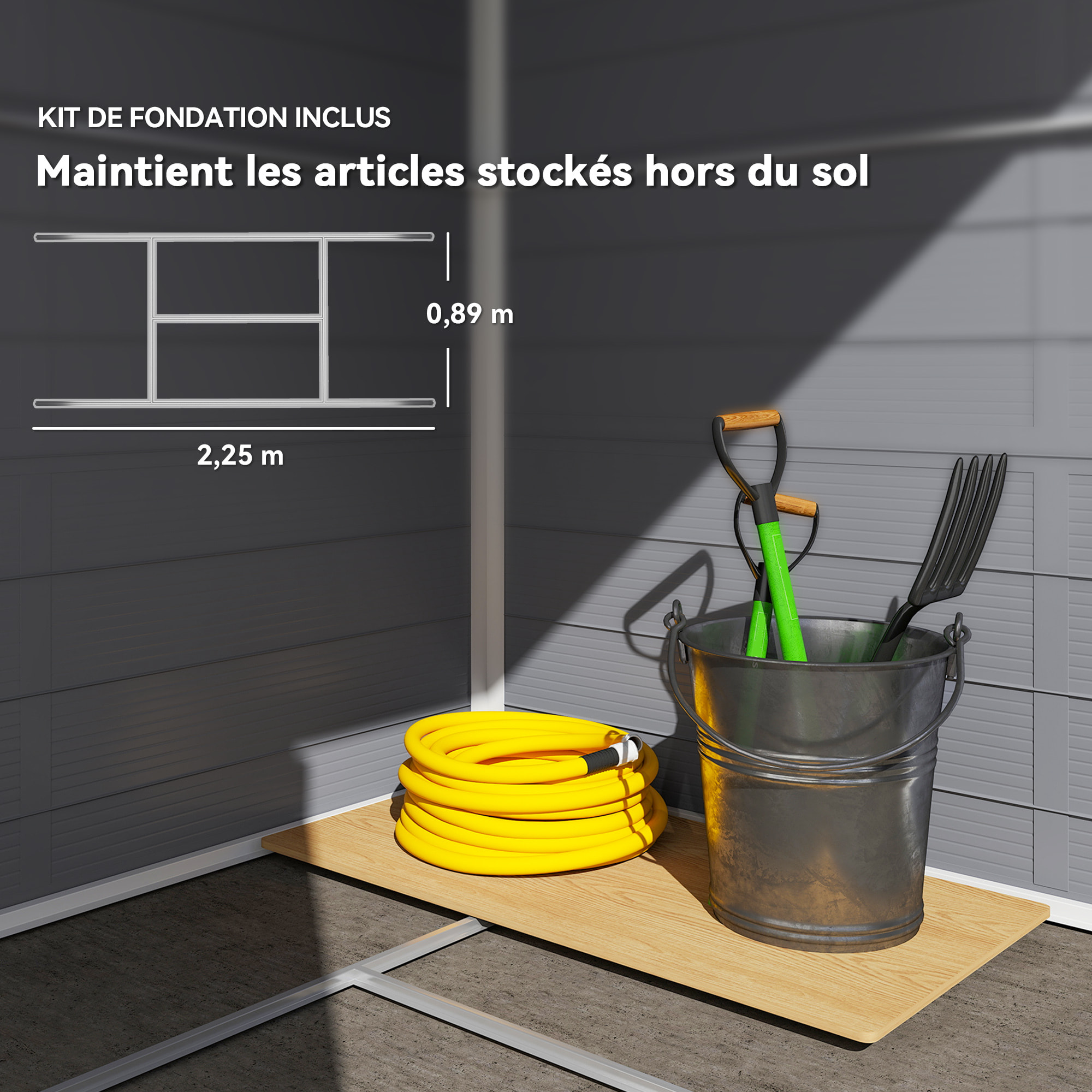 Abri de jardin 4,6 m² résine polypropylène fondation incluse structure alu 240 x 190 x 228 cm 2 portes fenêtre gris