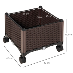 Jardinière sur roulettes dim. 40L x 40l x 31H cm insert d'irrigation plastique imitation rotin tressé chocolat