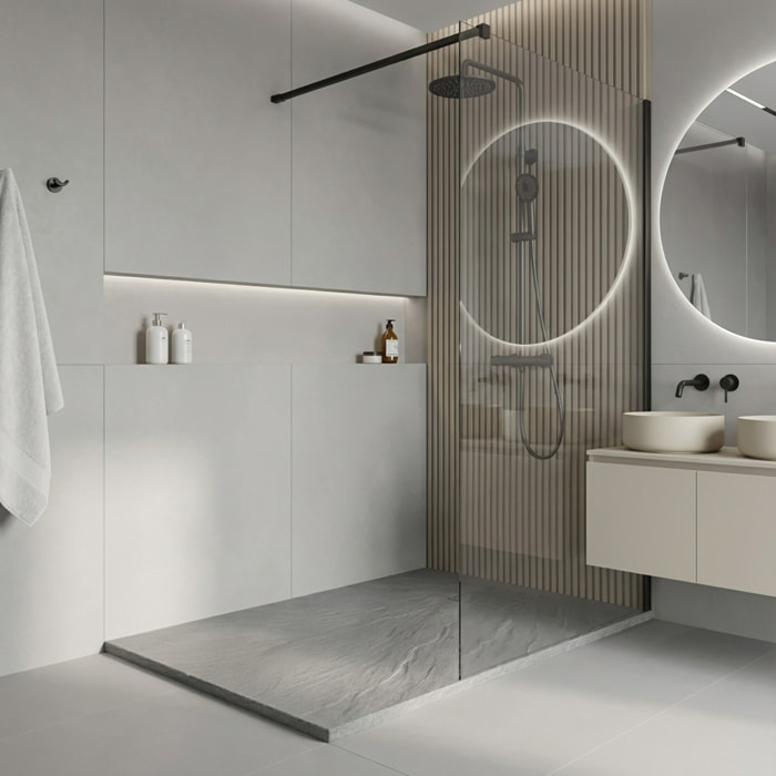 PixL 140x90 cm receveur de douche rectangulaire à poser BMC avec surface effet pierre, gris clair (CERAPX14090LG)