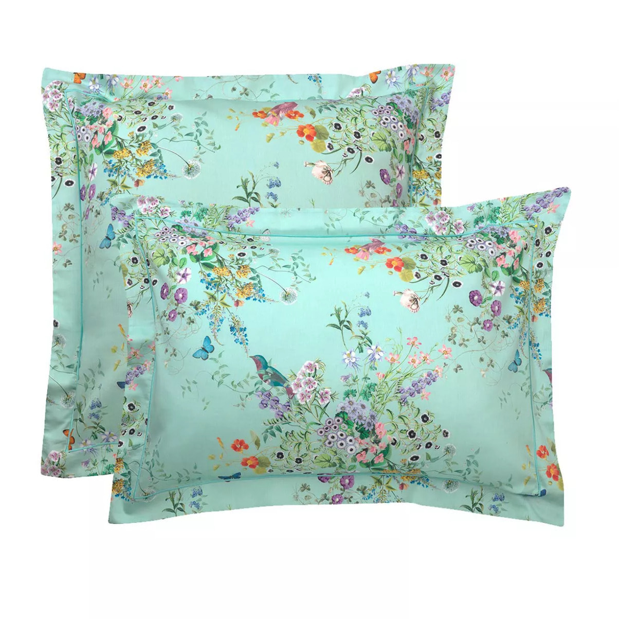 Taie d'oreiller satin de coton 115 g/m² imprimé bleu vert Le printemps azur