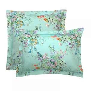 Taie d'oreiller satin de coton 115 g/m² imprimé bleu vert Le printemps azur