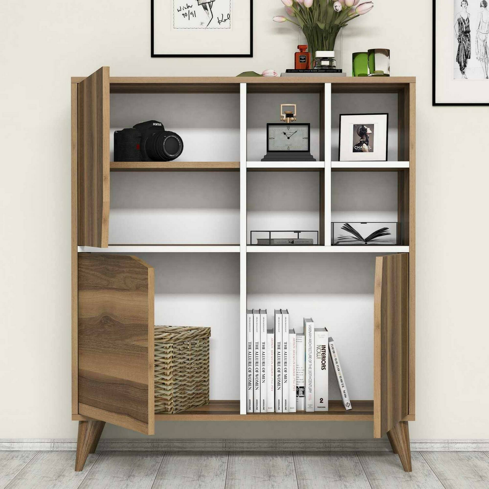 Credenza Dpolitan, Buffet da soggiorno, Madia da salotto, Dispensa da cucina, 100x30h115 cm, Noce e Bianco