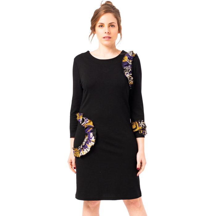 Mamatayoe Crayon. Vestido Corto y Elegante para Mujer de Color Negro con Detalles Bordados para Otoño Invierno.  Vestido Recto de Punto Roma con Cintura en Jacquard y Manga Larga.