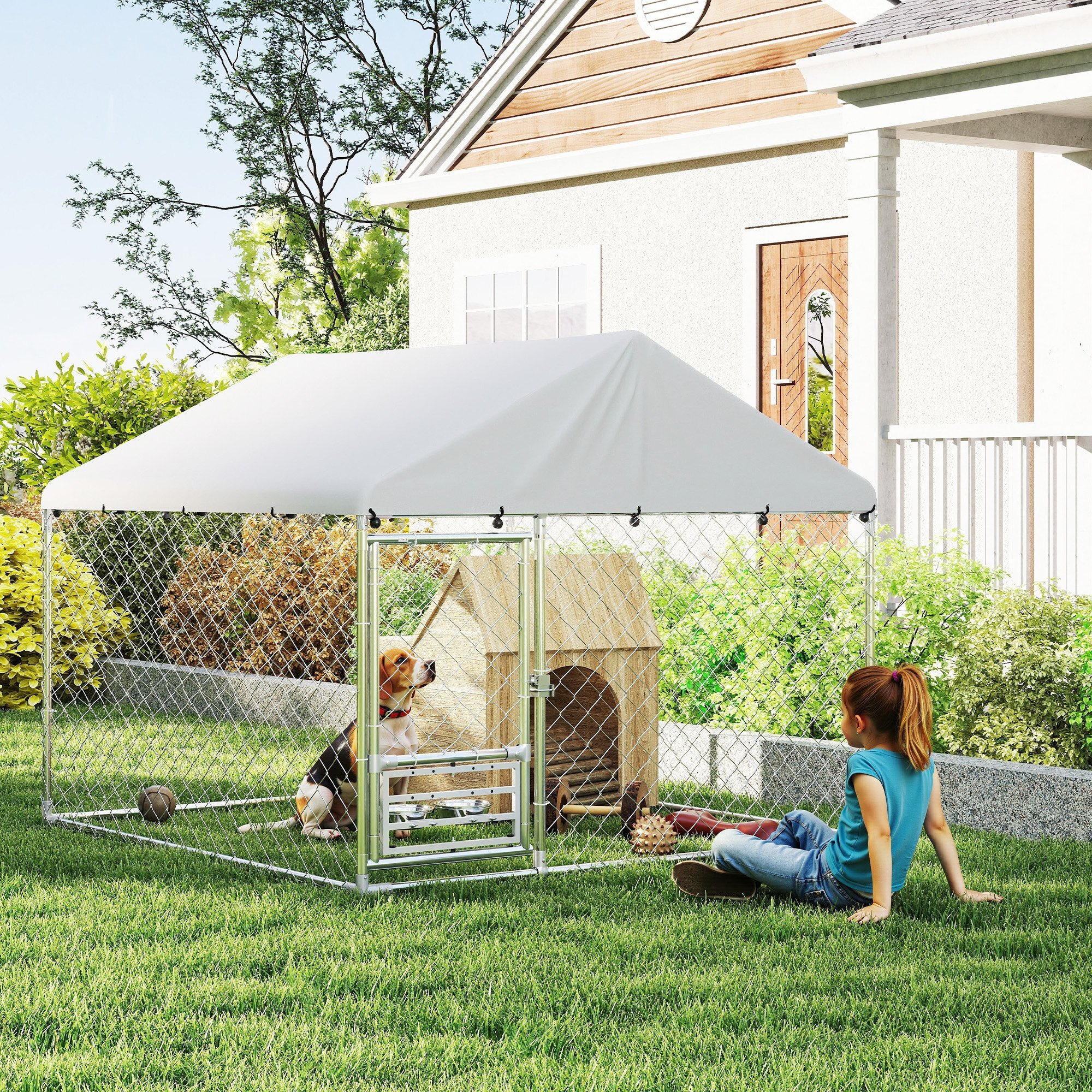Perrera de Exterior con Techo 2x2x1,55 m Jaula para Perros de Acero Galvanizado con Techo Impermeable Soporte para Comida Giratorio y Ajustable 2 Cuencos para Perros Medianos y Pequeños