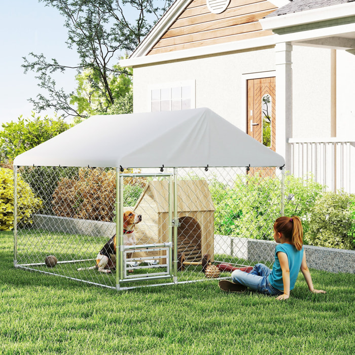Perrera de Exterior con Techo 2x2x1,55 m Jaula para Perros de Acero Galvanizado con Techo Impermeable Soporte para Comida Giratorio y Ajustable 2 Cuencos para Perros Medianos y Pequeños