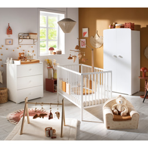Chambre bébé complète Basic, Lit 120x60 tout barreaux, Commode à langer 3 tiroirs et Armoire 2 portes