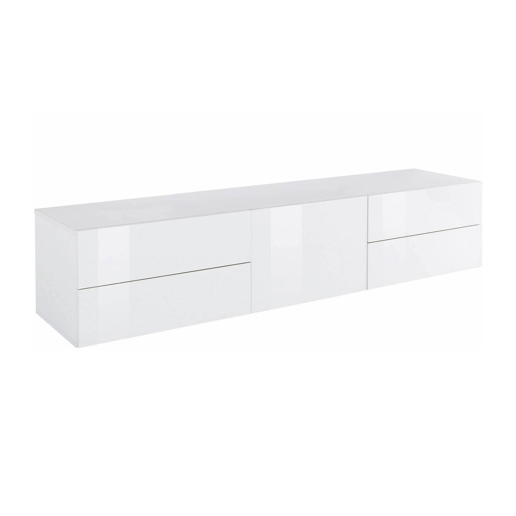 Mobile da soggiorno Porta TV, Made in Italy, Supporto per TV da salotto rialzato con 1 anta e 4 cassetti, cm 170x40h47, colore Bianco lucido