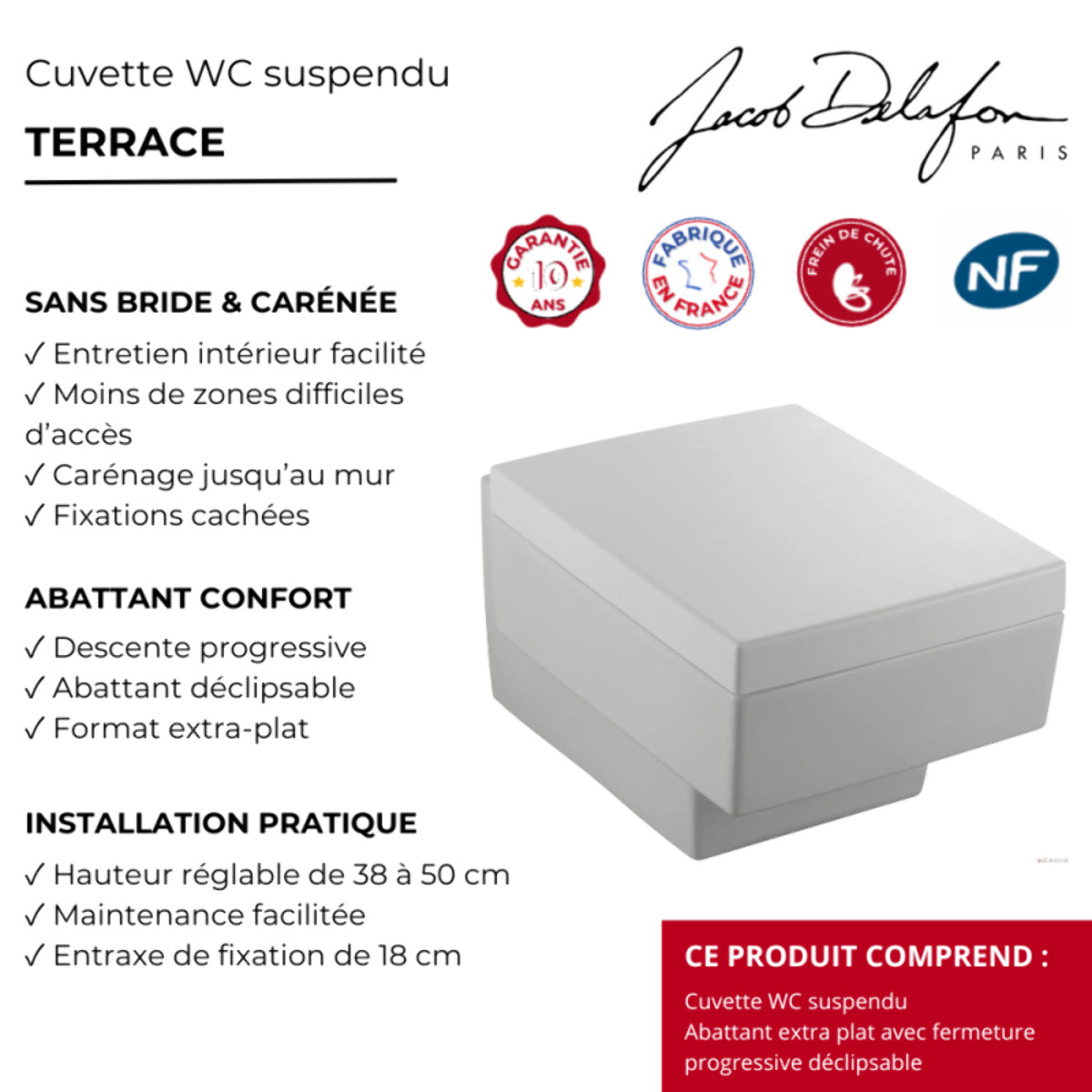 Cuvette WC suspendu Terrace avec abattant frein de chute déclipsable