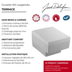 Cuvette WC suspendu Terrace avec abattant frein de chute déclipsable
