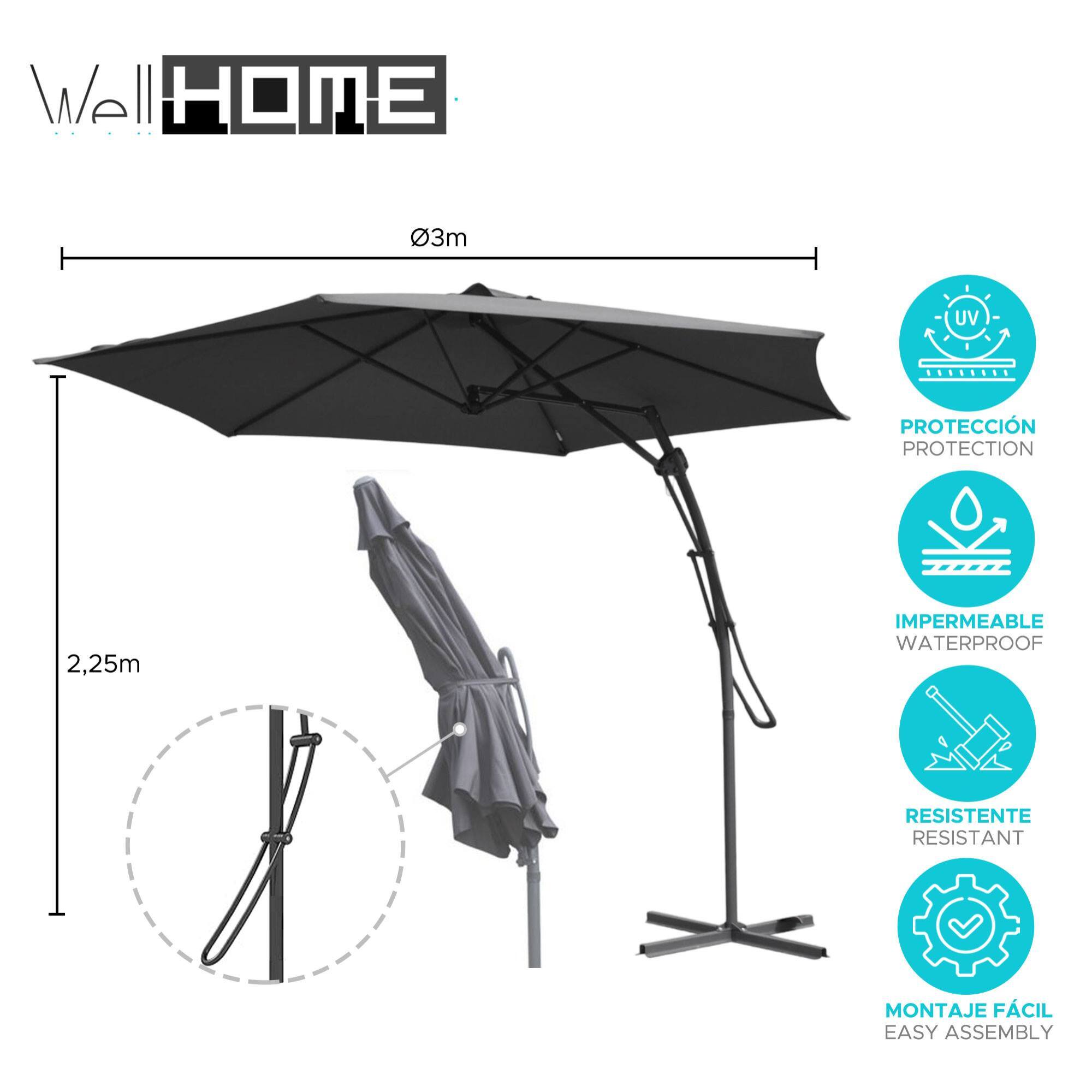 Well home - sombrilla colgante con sistema push up de ø300cm color gris oscuro