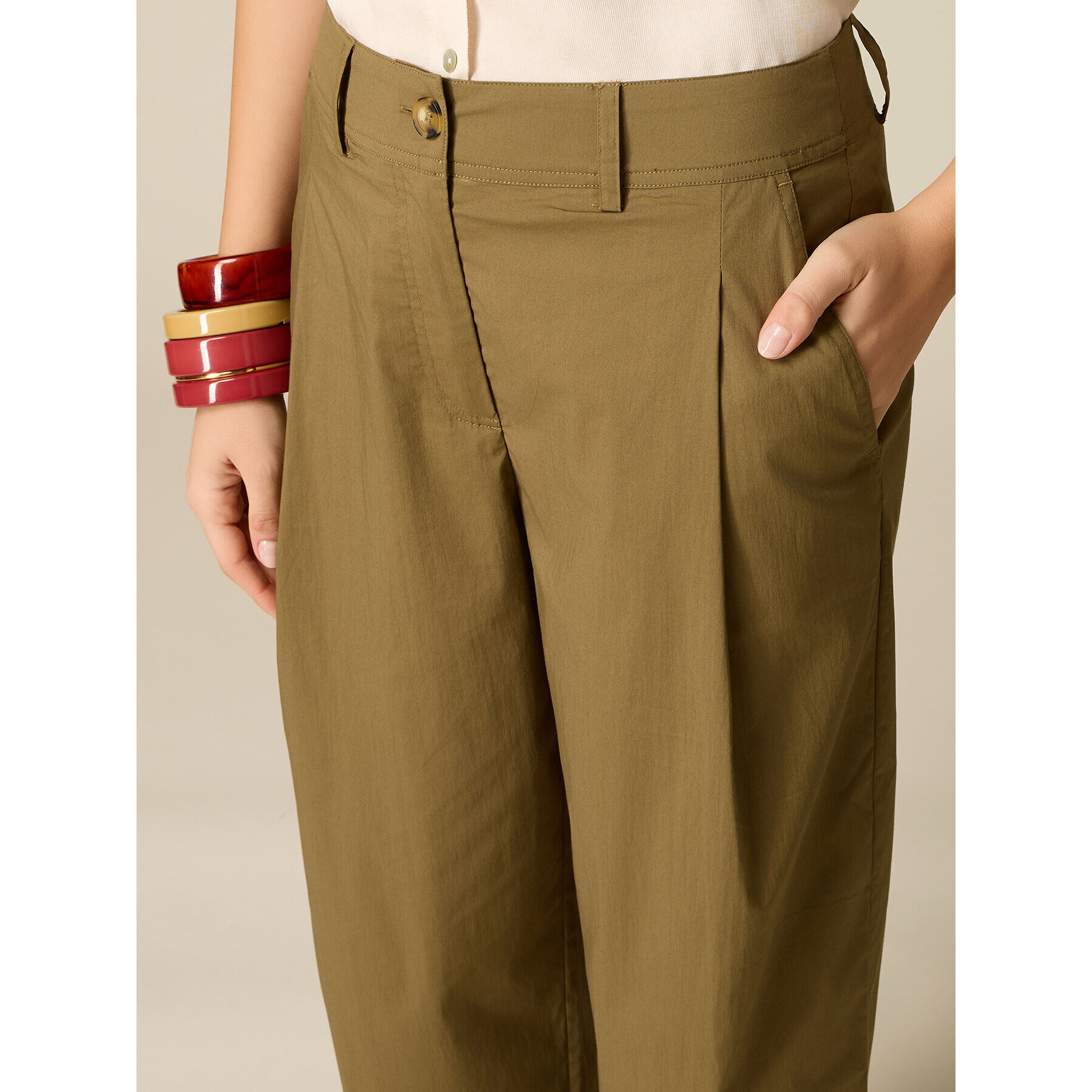 Oltre - Pantaloni cropped in popeline - Verde militare