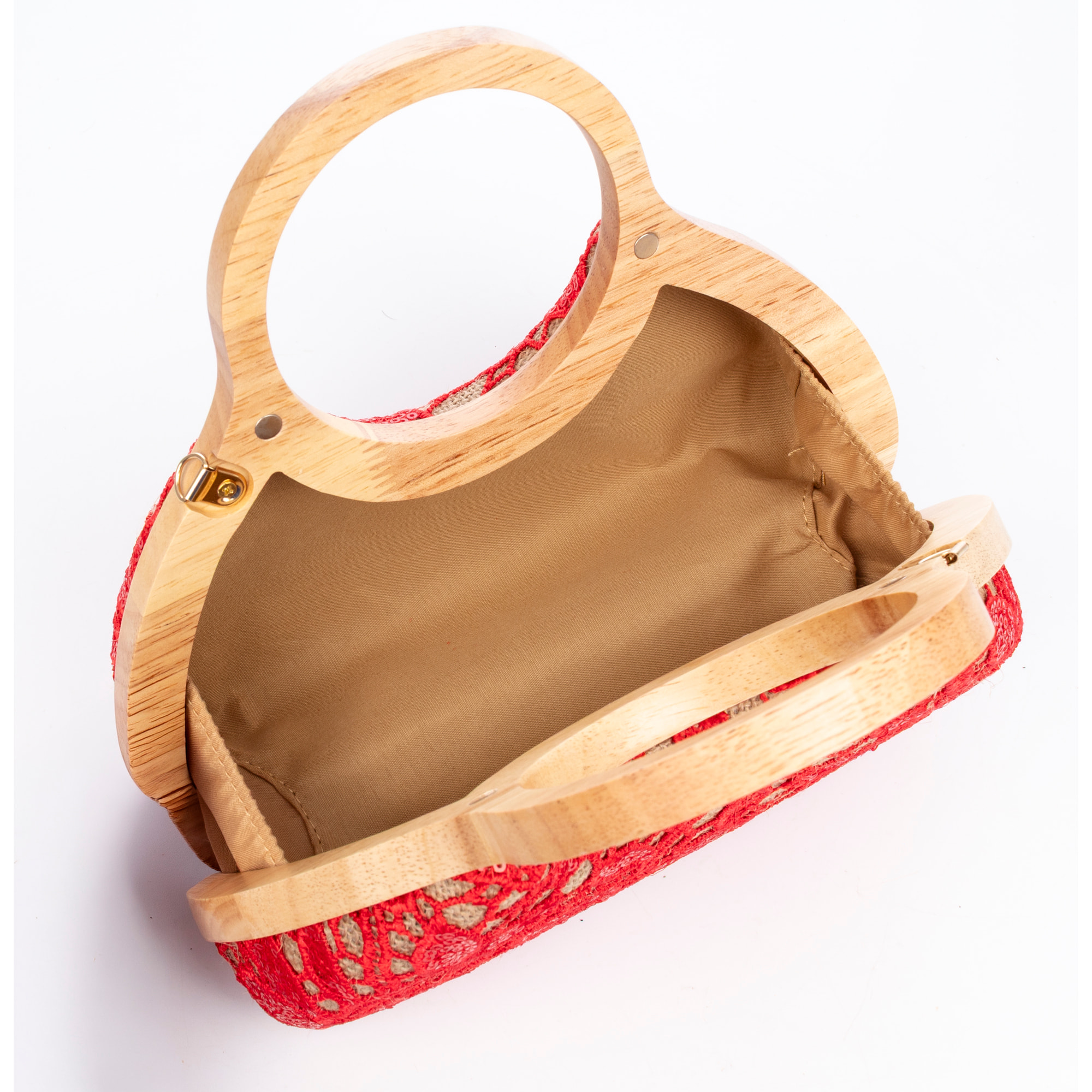 Avisio borsa a mano realizzata in legno naturale, cotone e juta con design in rete di tessuto floreale