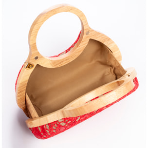 Avisio borsa a mano realizzata in legno naturale, cotone e juta con design in rete di tessuto floreale